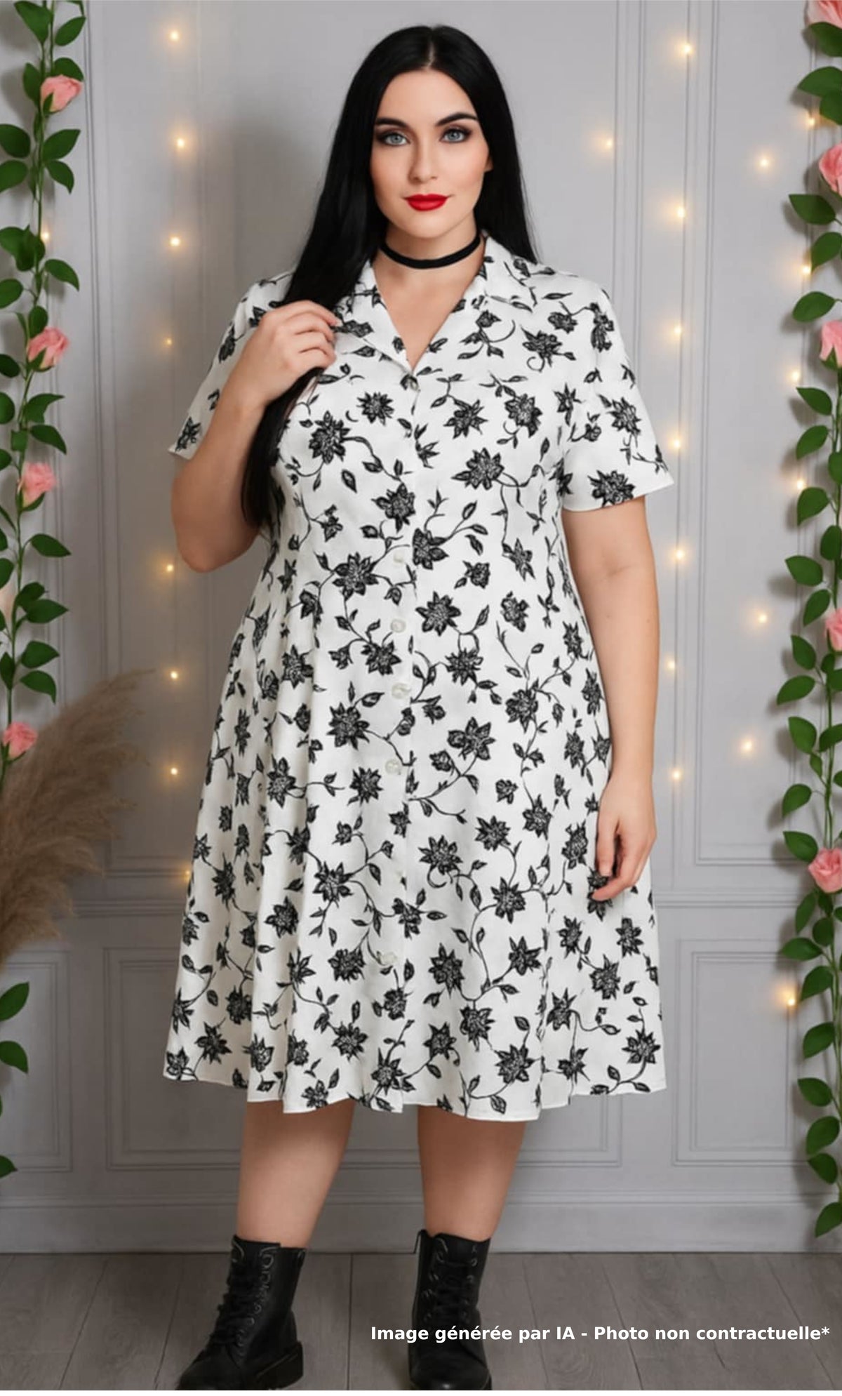 Robe blanche aux motifs floraux noirs