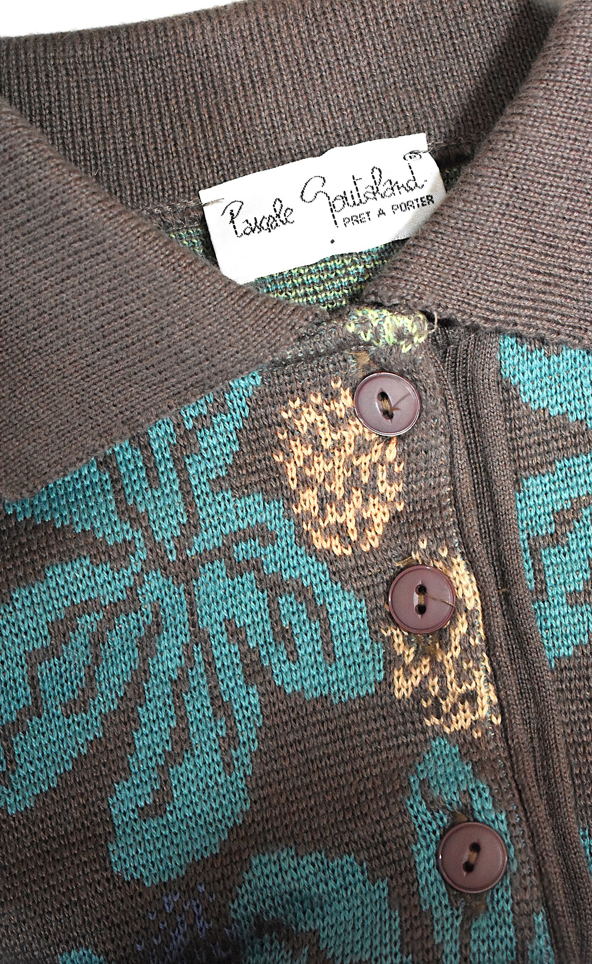 Pull laine mérinos taupe & fleurs bleues