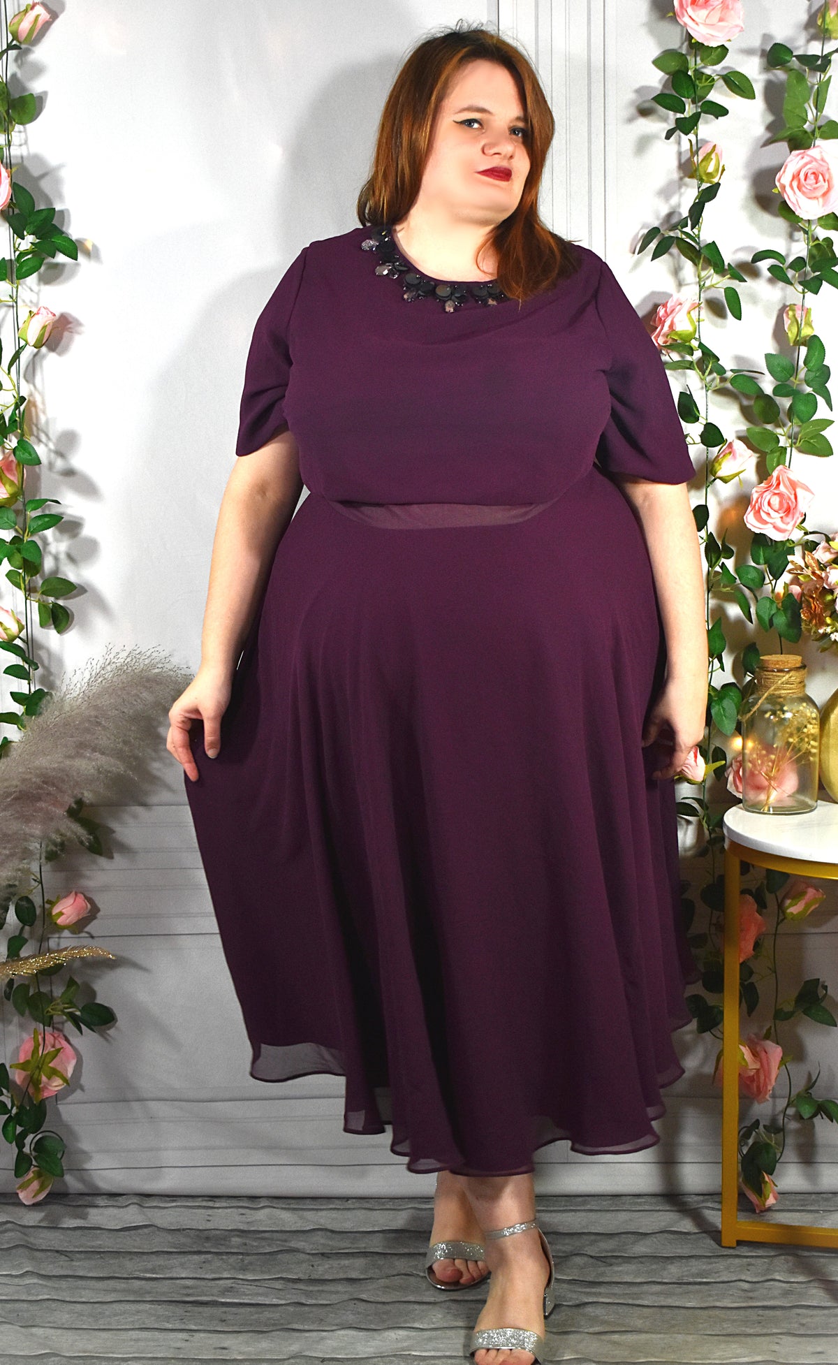 Robe longue en mousseline prune