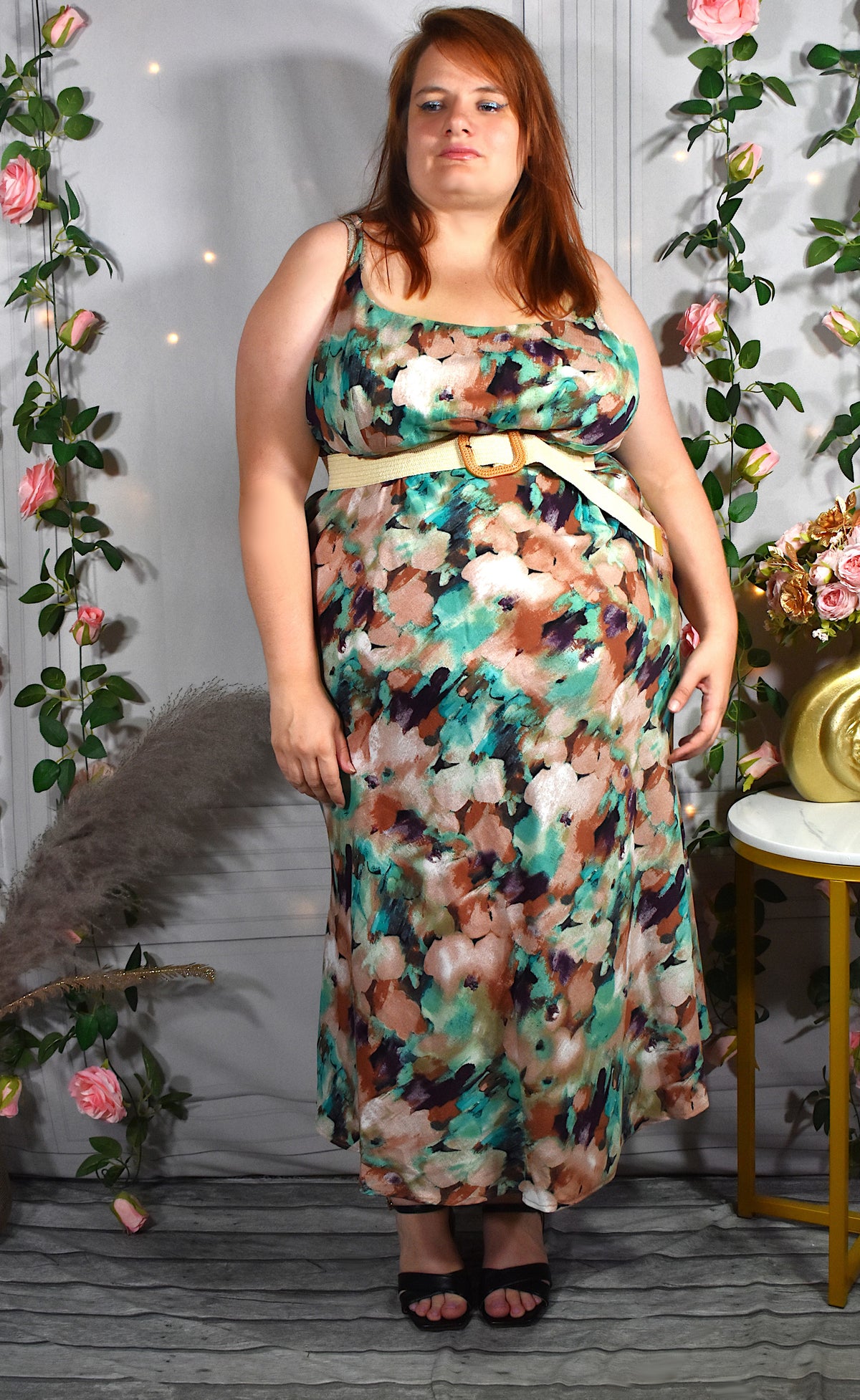 Robe longue aux motifs abstraits verts & marrons