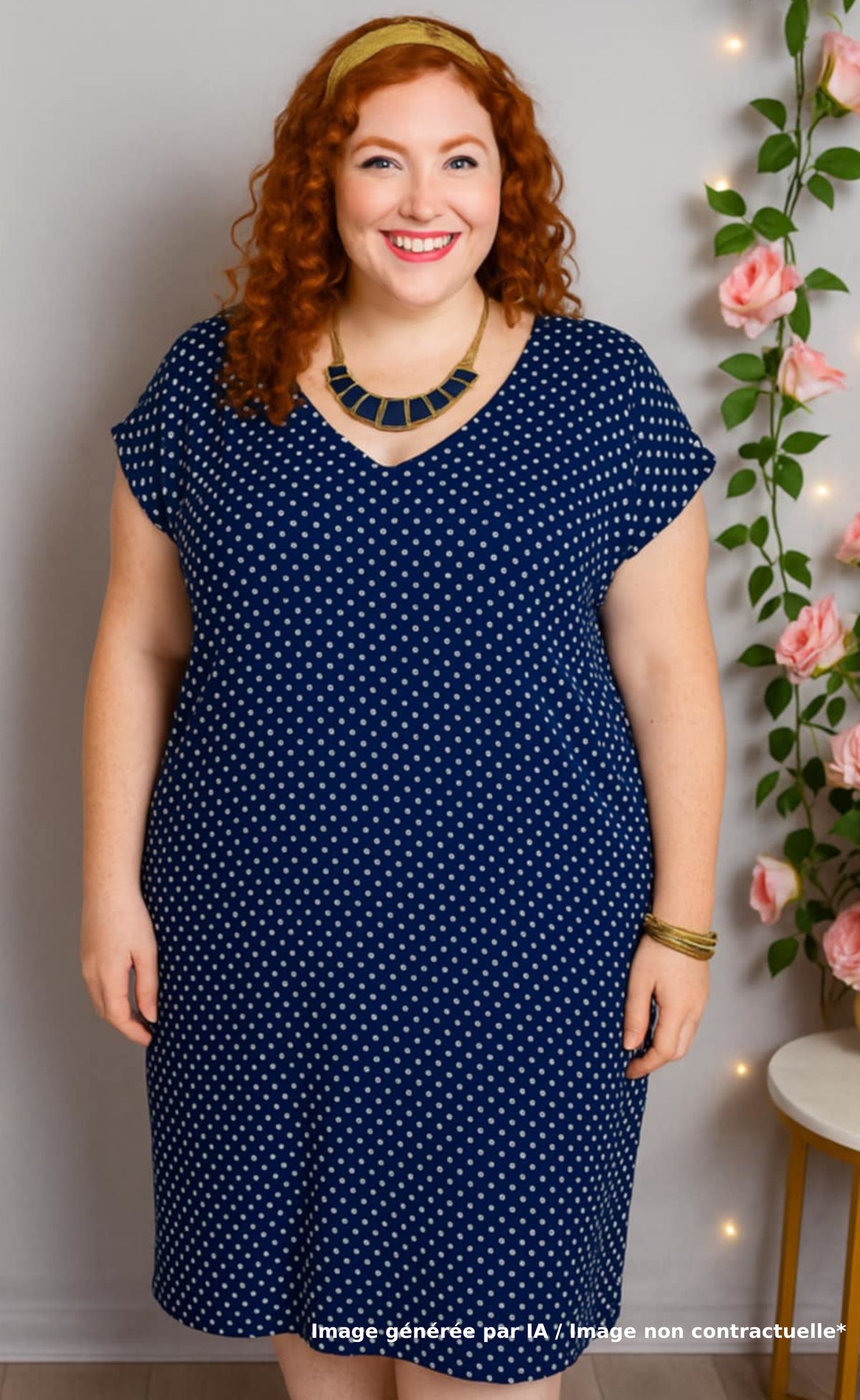 Robe mi-longue bleue polka dot blanc