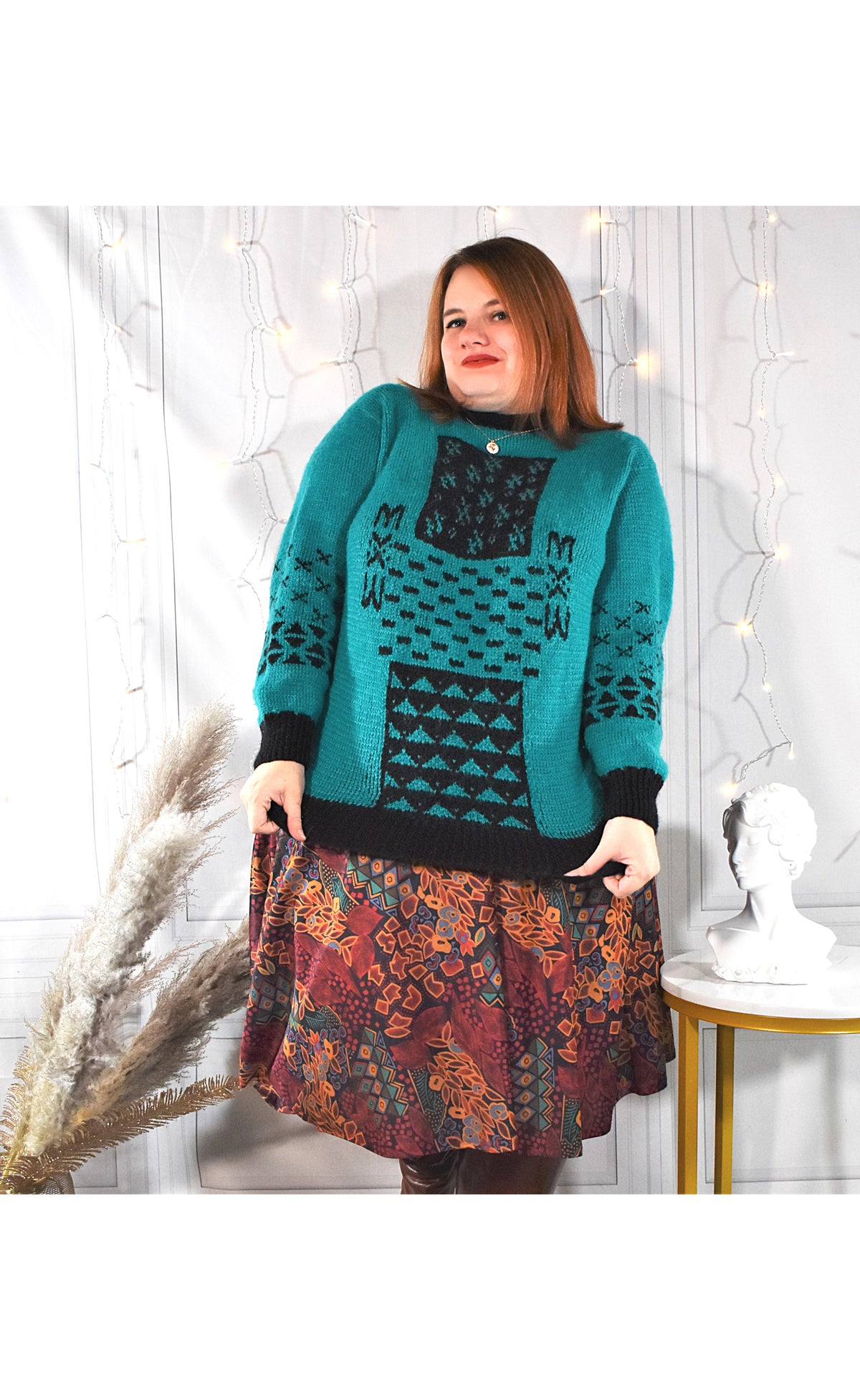 Pull-over vert viride aux motifs noirs