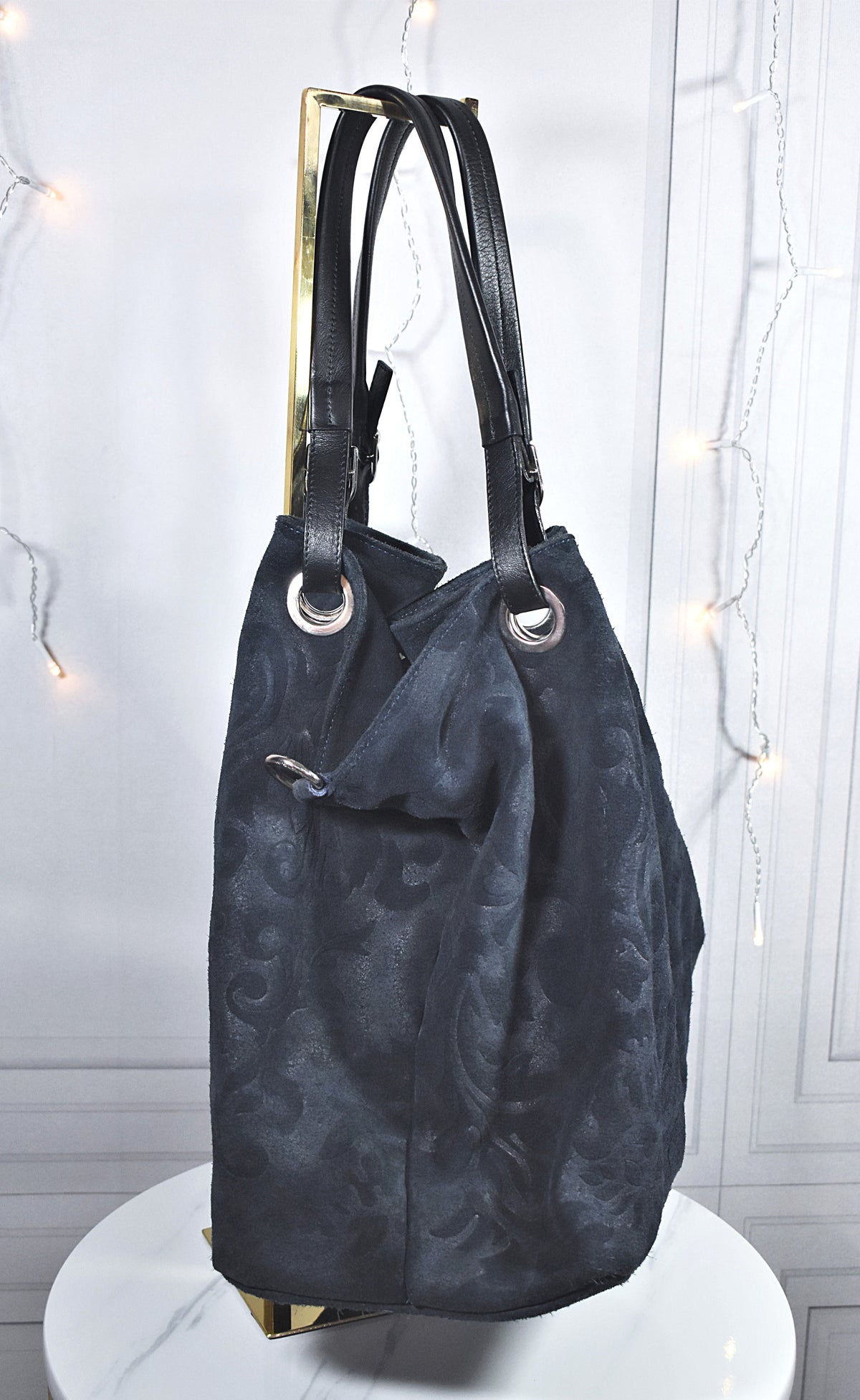 Grand sac à main en cuir bleu marine