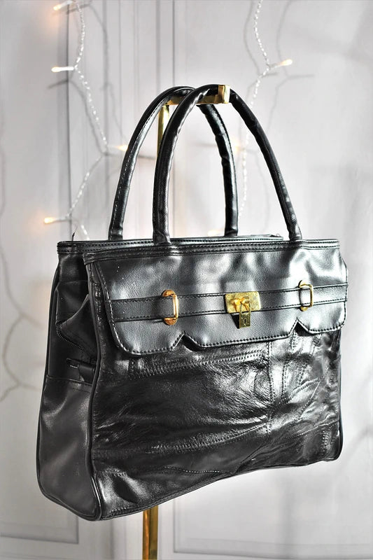 Sac à main noir patchwork style cuir d’agneau