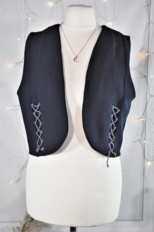 Gilet court sans manches vintage bleu nuit à laçages Mado Marcel - Made in France