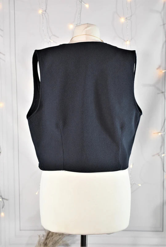 Gilet court sans manches vintage bleu nuit à laçages Mado Marcel - Made in France