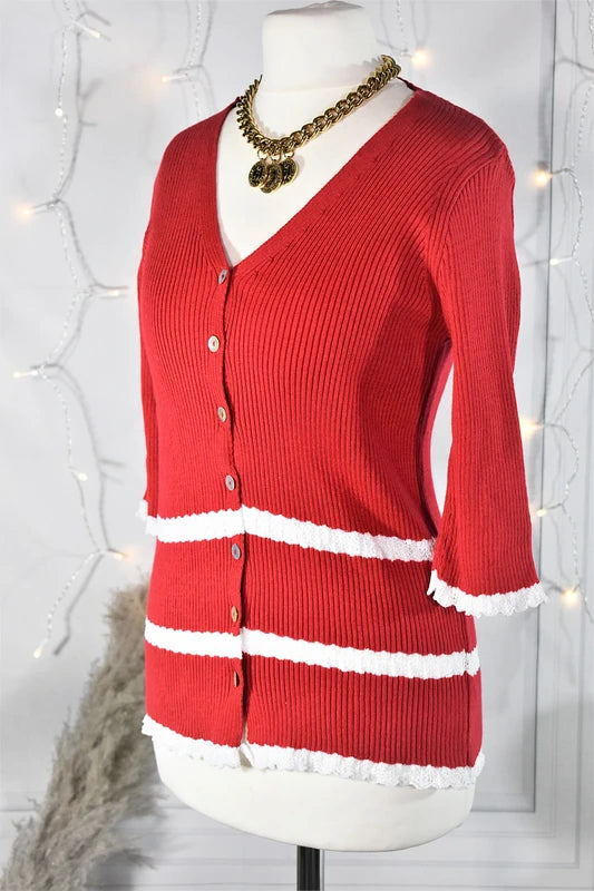 Cardigan en coton vintage rouge coquelicot, dentelle blanche Tezo - Made in France