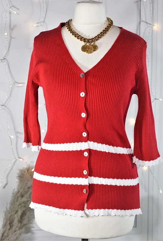 Cardigan en coton vintage rouge coquelicot, dentelle blanche Tezo - Made in France