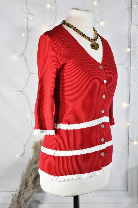 Cardigan en coton vintage rouge coquelicot, dentelle blanche Tezo - Made in France