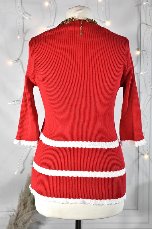 Cardigan en coton vintage rouge coquelicot, dentelle blanche Tezo - Made in France