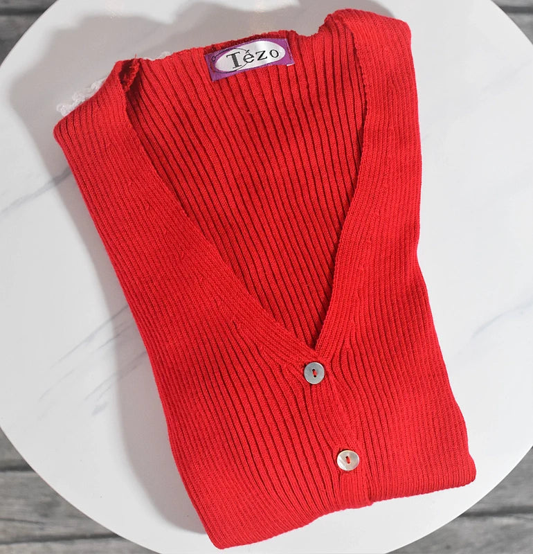 Cardigan en coton vintage rouge coquelicot, dentelle blanche Tezo - Made in France