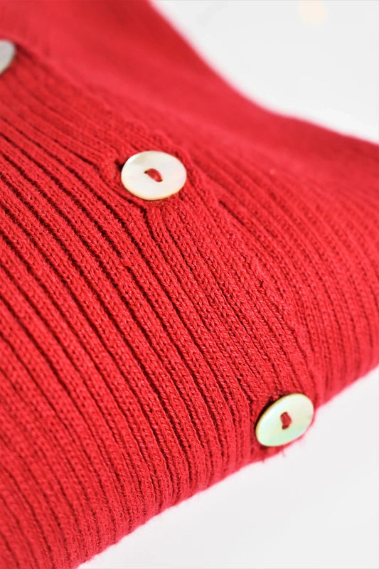 Cardigan en coton vintage rouge coquelicot, dentelle blanche Tezo - Made in France