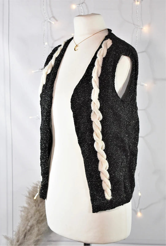 Gilet sans manche noir à torsades chiné doré