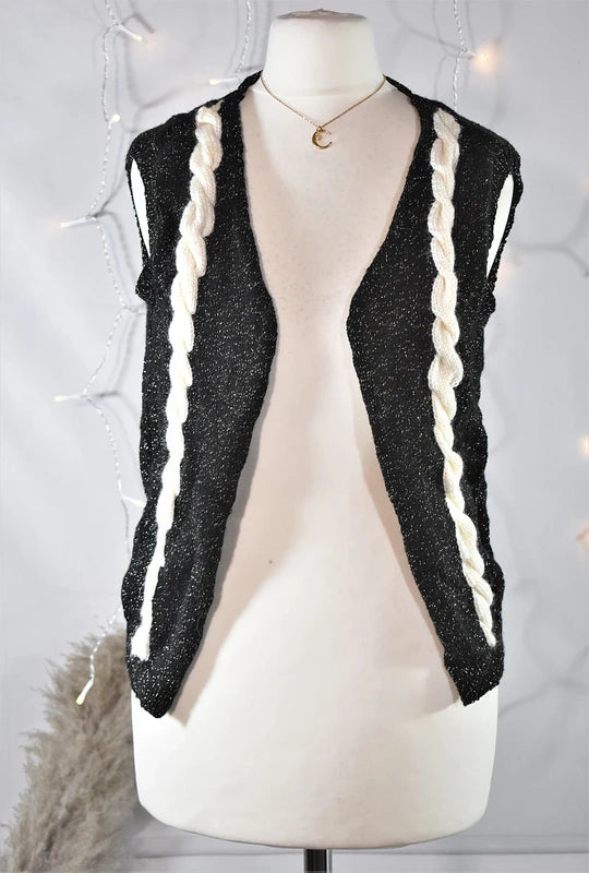 Gilet sans manche noir à torsades chiné doré