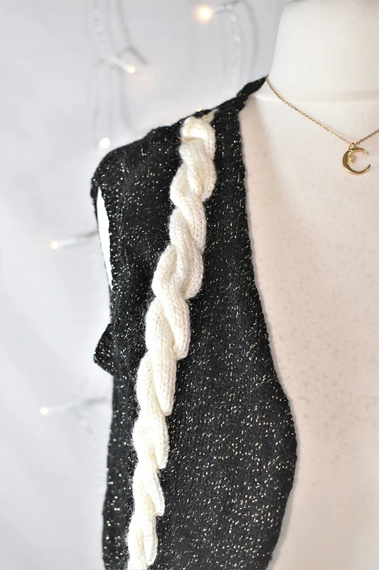 Gilet sans manche noir à torsades chiné doré