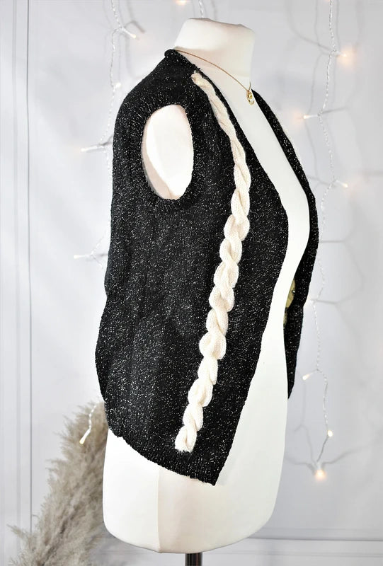 Gilet sans manche noir à torsades chiné doré