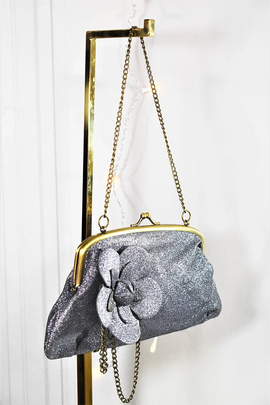 Sac soirée paillettes argenté bleu vintage chic