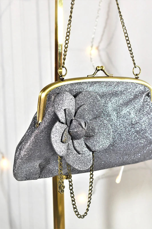 Sac soirée paillettes argenté bleu vintage chic