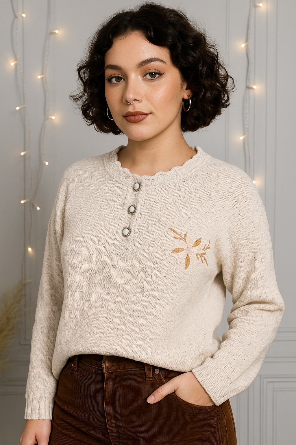 Pull crème chiné & brodé