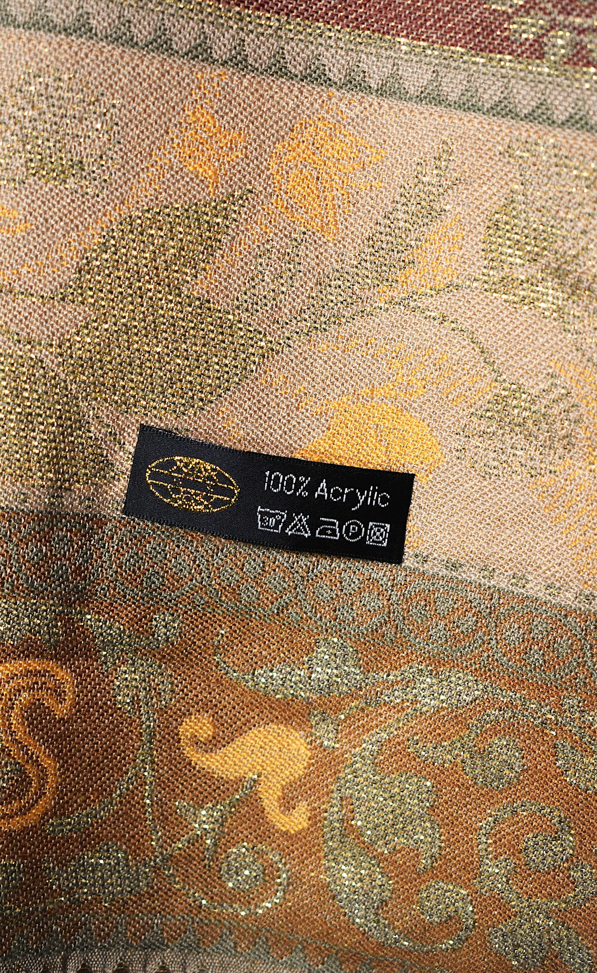 Étole pailletée dorée motifs cachemire beige et marron