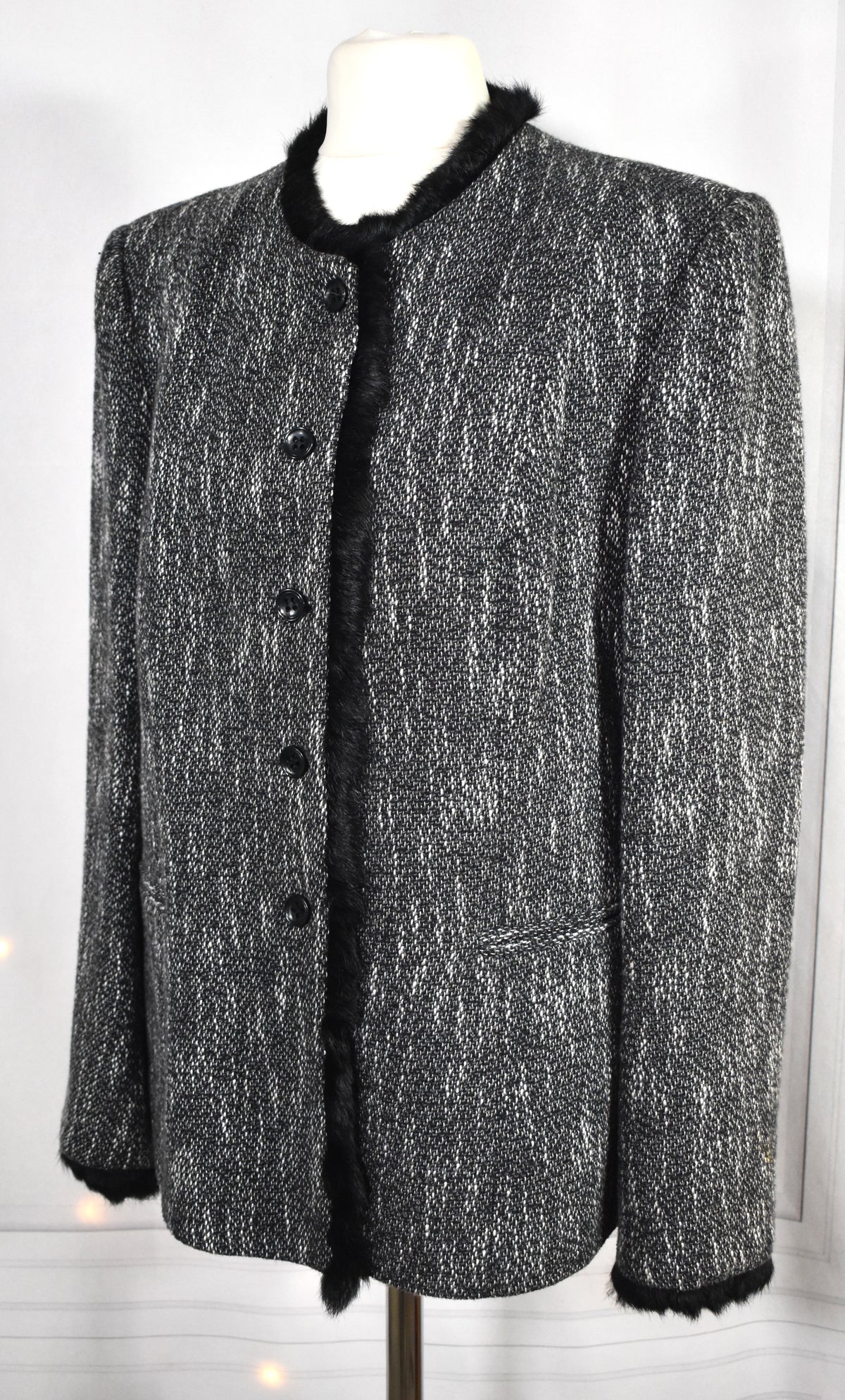 Blazer vintage cintré laine chinée & fausse fourrure Jean Coste - Made in France