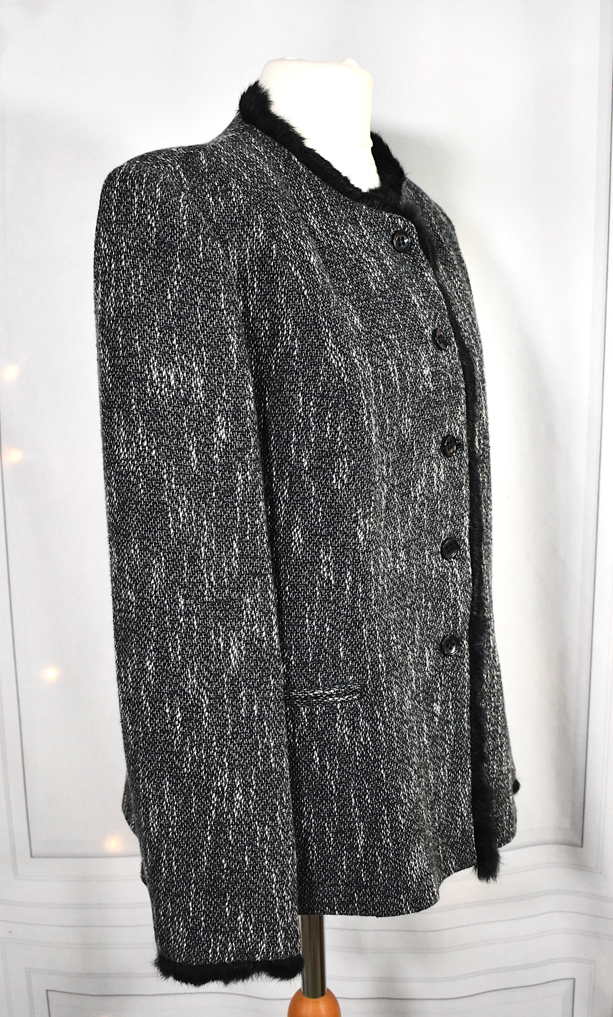 Blazer vintage cintré laine chinée & fausse fourrure Jean Coste - Made in France