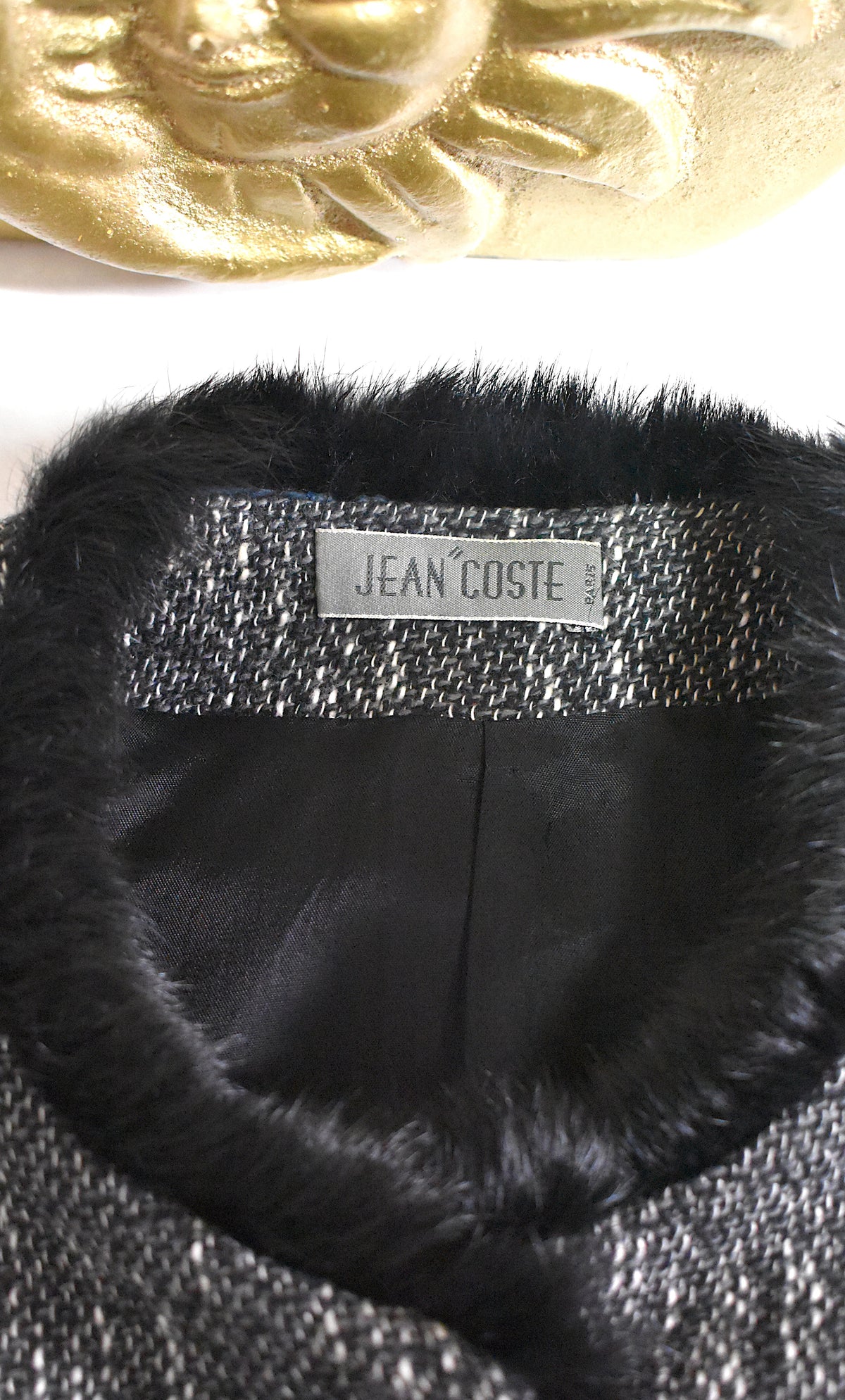 Blazer vintage cintré laine chinée & fausse fourrure Jean Coste - Made in France