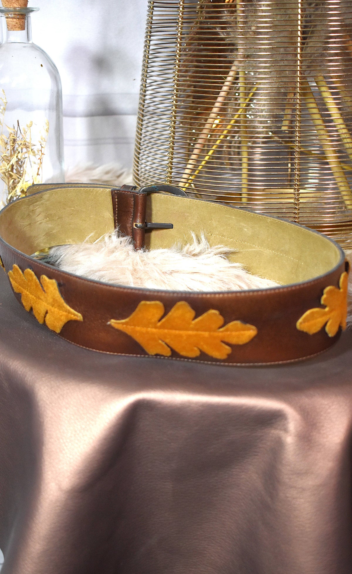 Ceinture cuir marron daim camel feuilles d’automne