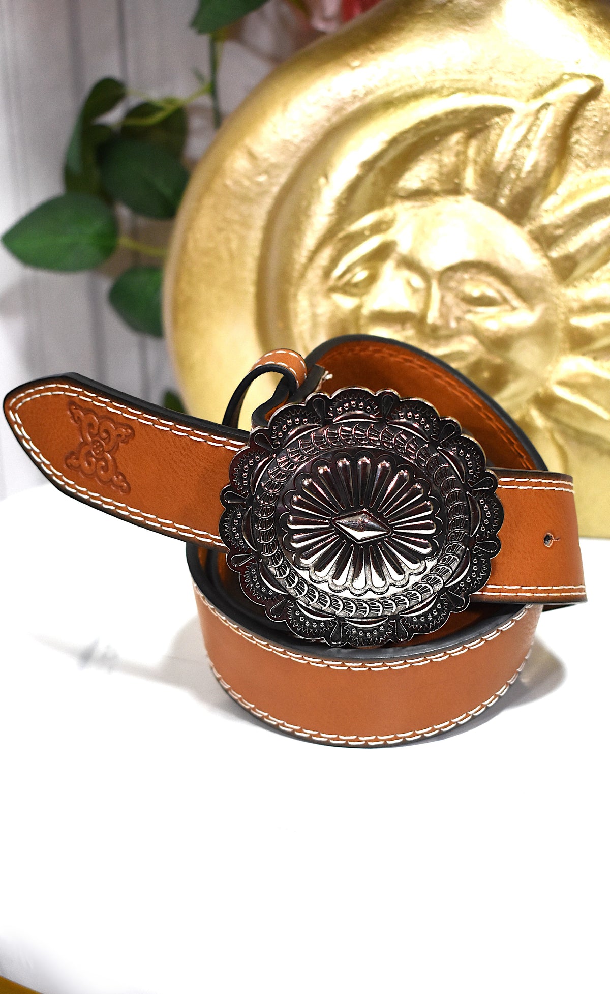 Ceinture simili marron gravée boho