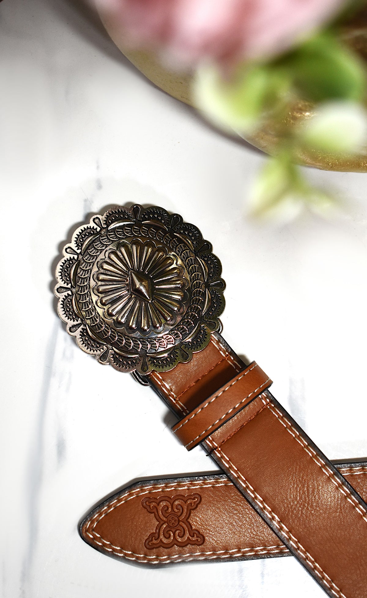 Ceinture simili marron gravée boho