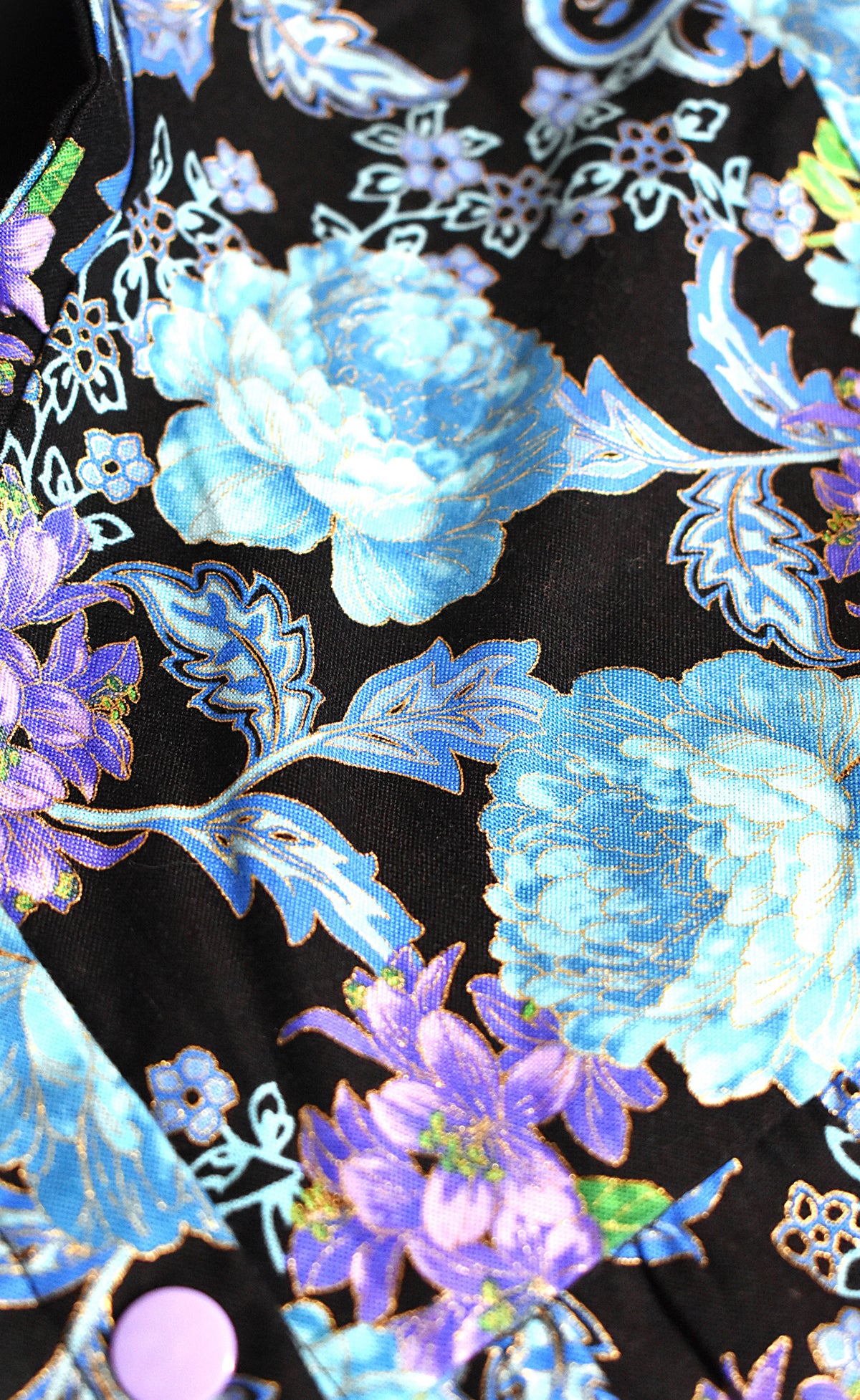 Robe fleurs bleues, violettes & dorées