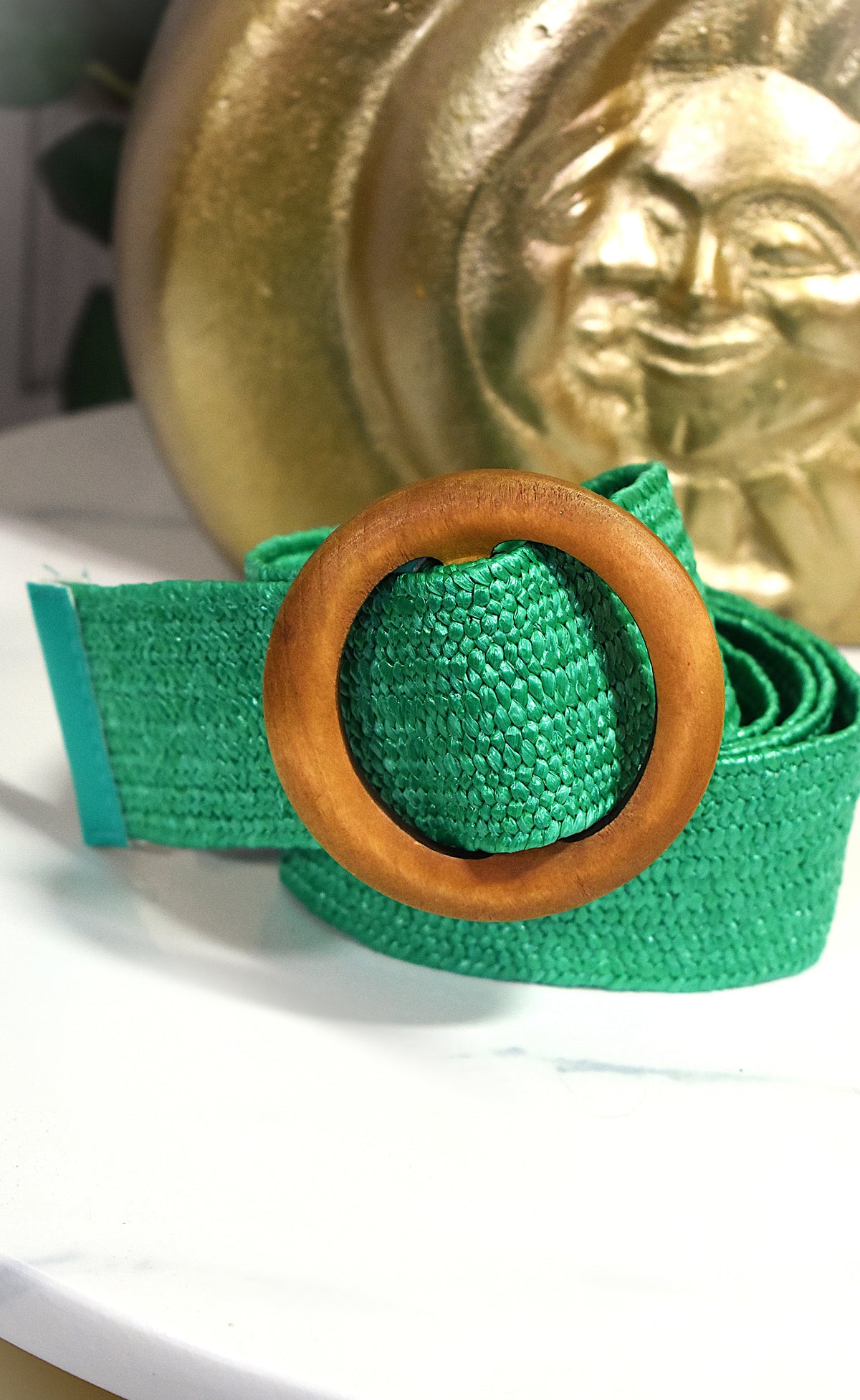 Ceinture élastique verte & boucle en bois