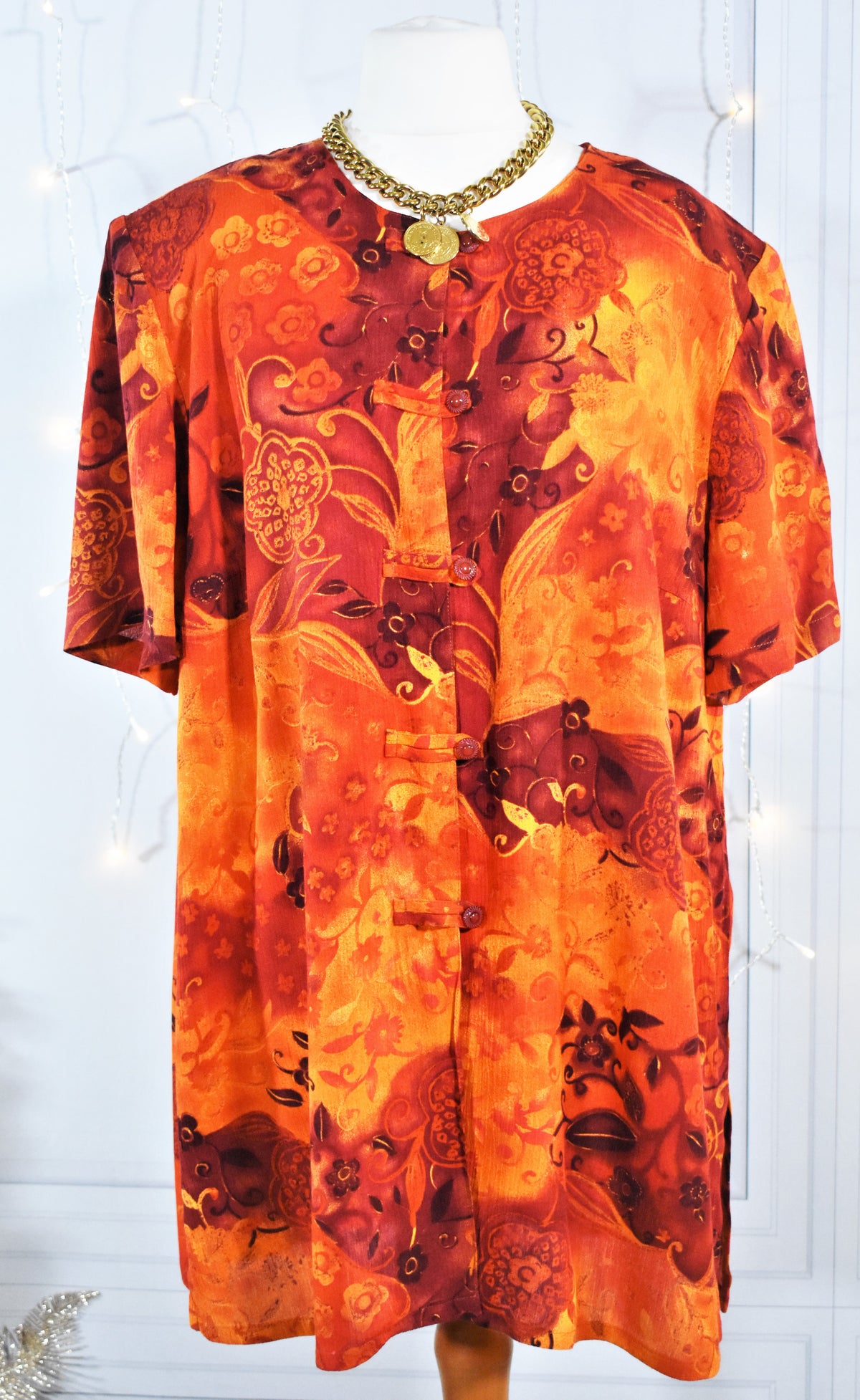Chemise / tunique vintage Miss Wear, imprimé floral orange & bordeaux