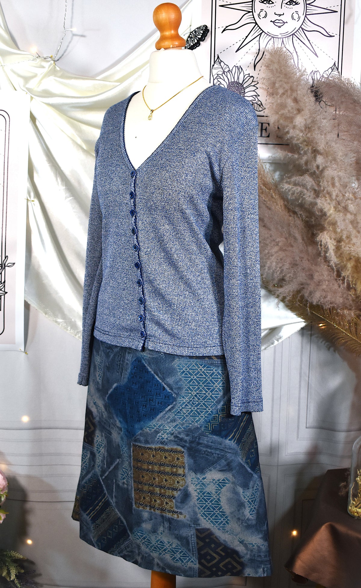 Cardigan vintage Y2K bleu chiné festonné