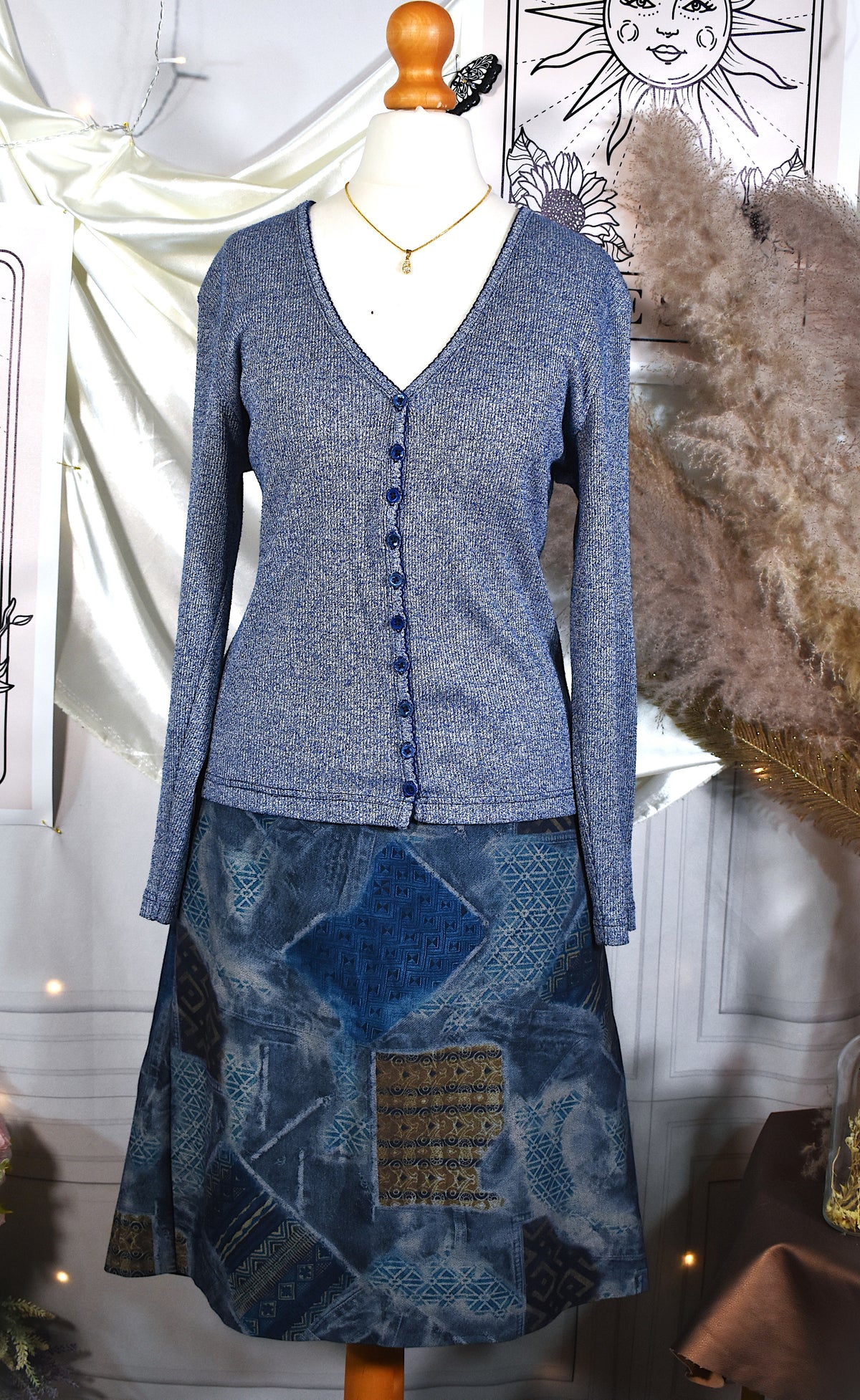 Cardigan vintage Y2K bleu chiné festonné