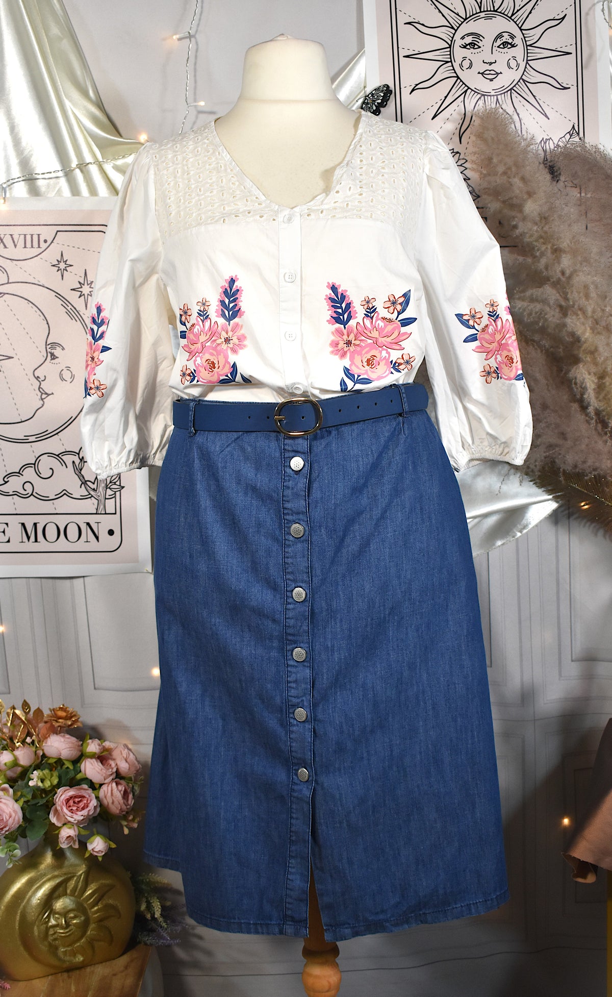 Jupe denim 100% coton vintage bleue mi-longue évasée