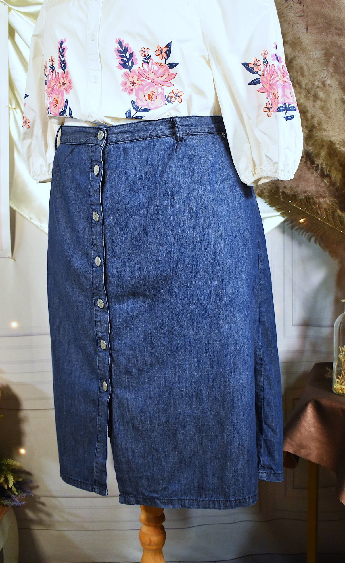 Jupe denim 100% coton vintage bleue mi-longue évasée