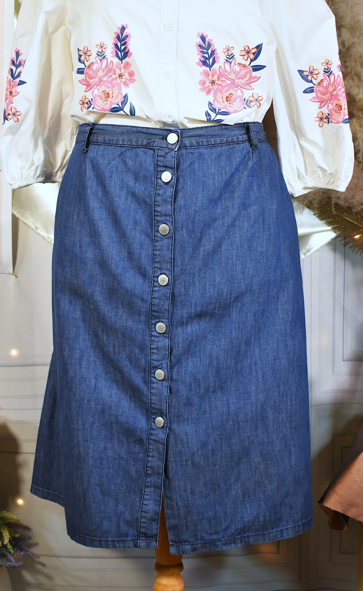 Jupe denim 100% coton vintage bleue mi-longue évasée
