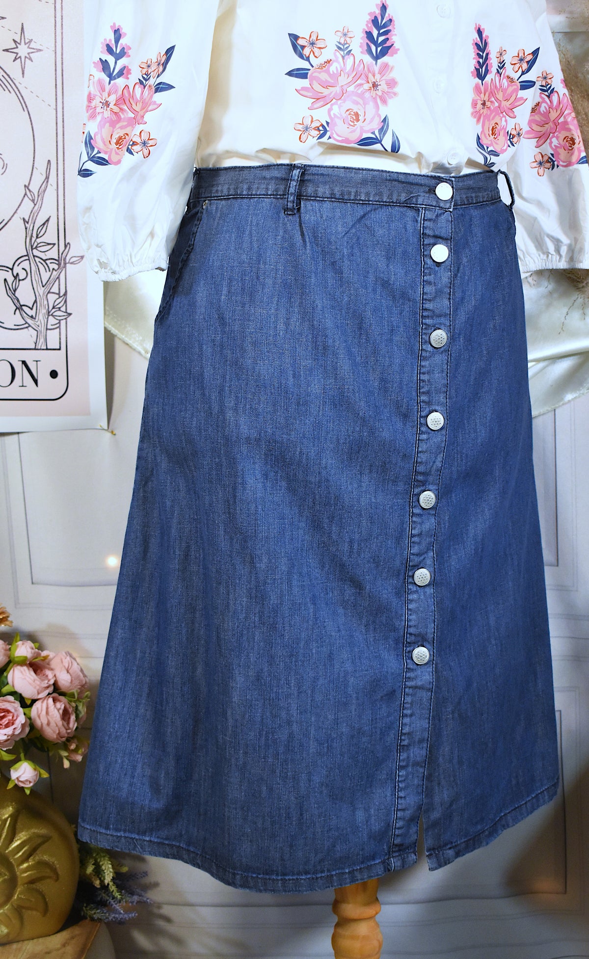 Jupe denim 100% coton vintage bleue mi-longue évasée