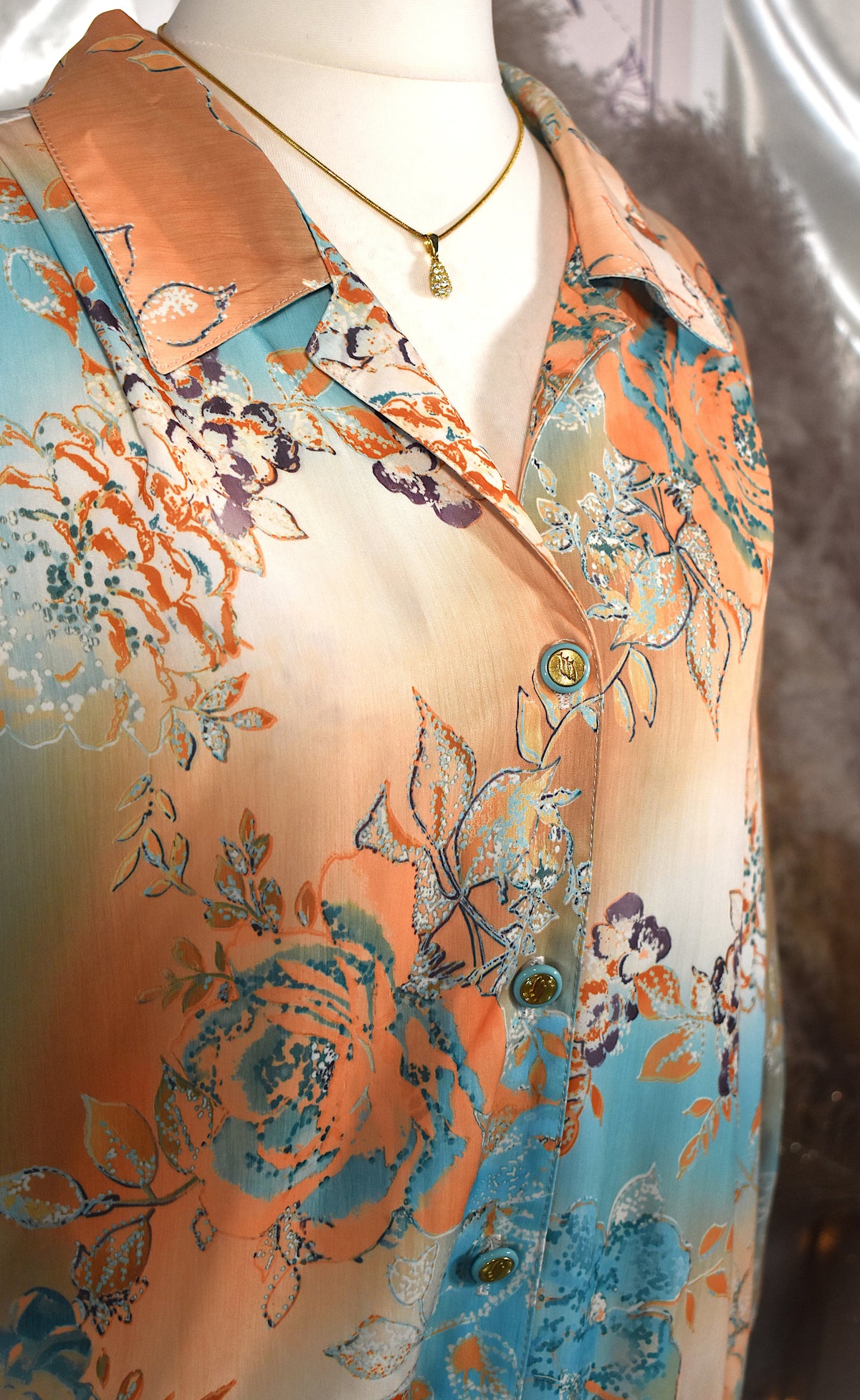 Chemise fluide orange turquoise et beige