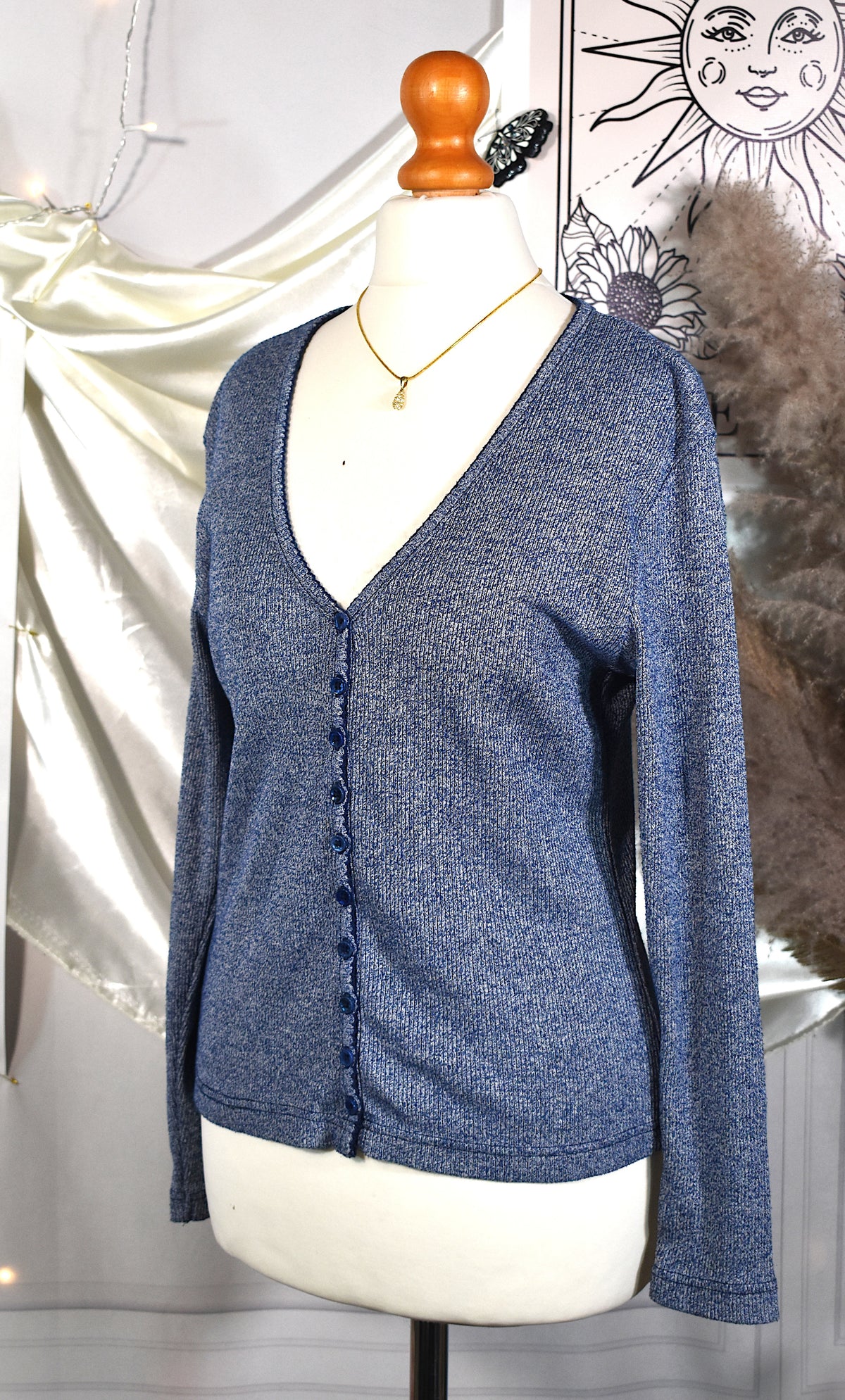 Cardigan vintage Y2K bleu chiné festonné