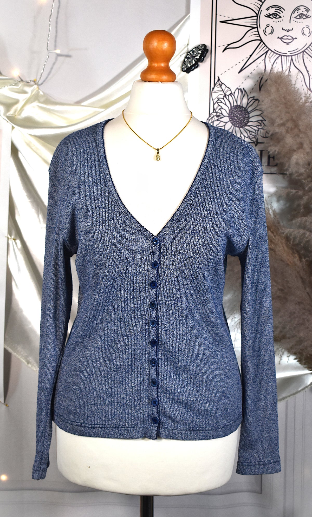 Cardigan vintage Y2K bleu chiné festonné