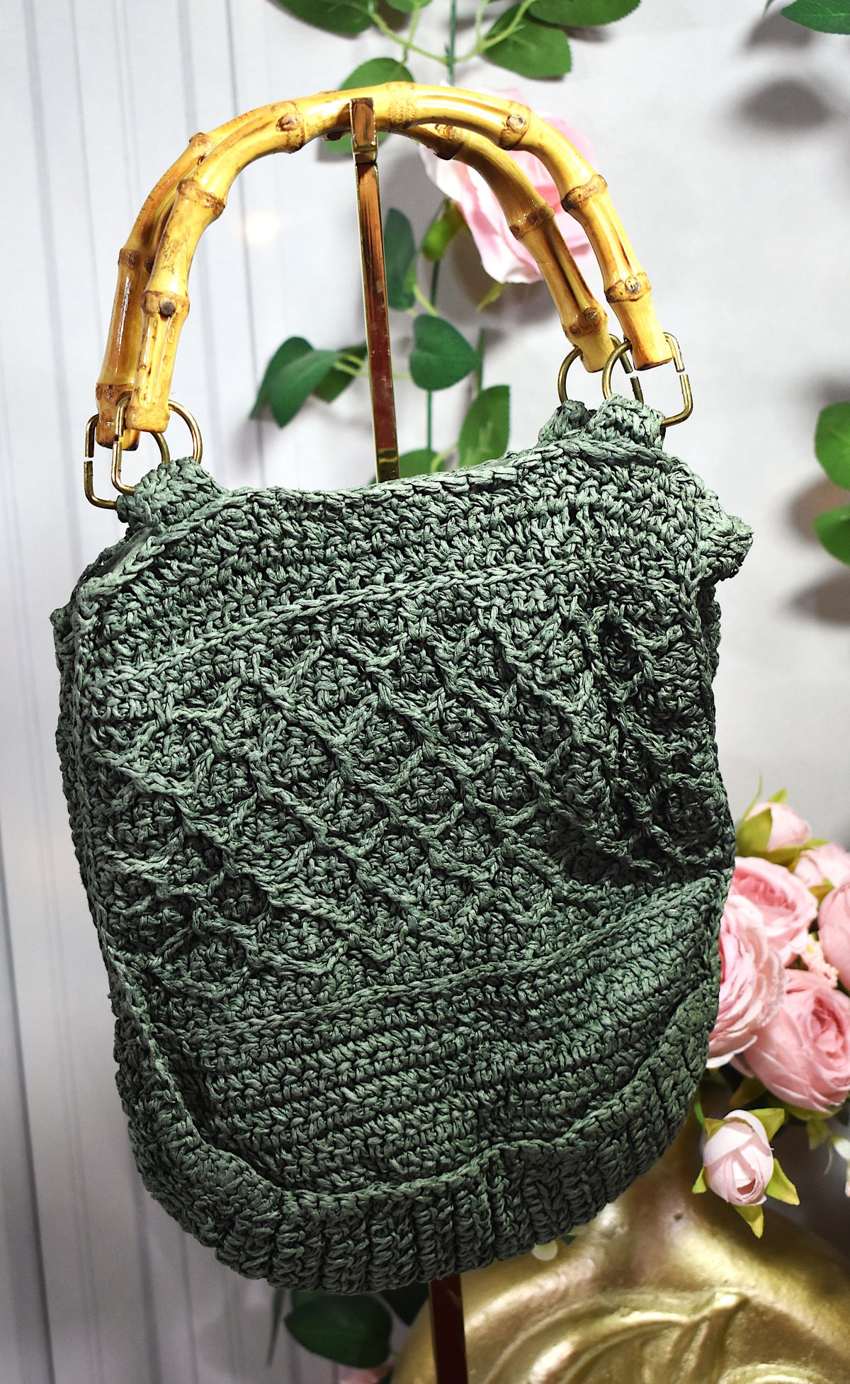 Sac en crochet kaki & anses bambou