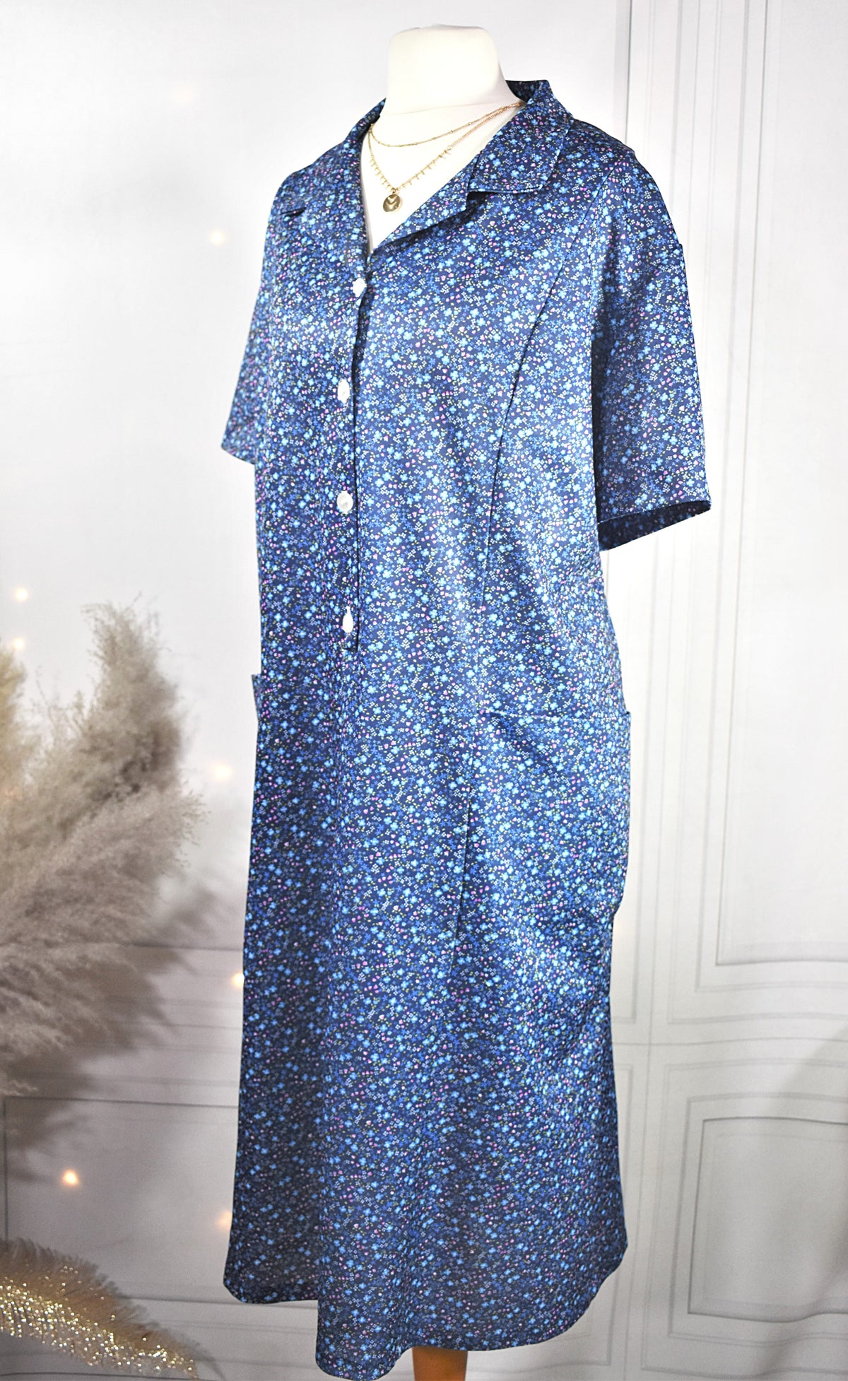 Robe vintage champêtre bleue à petites fleurs - Made in France