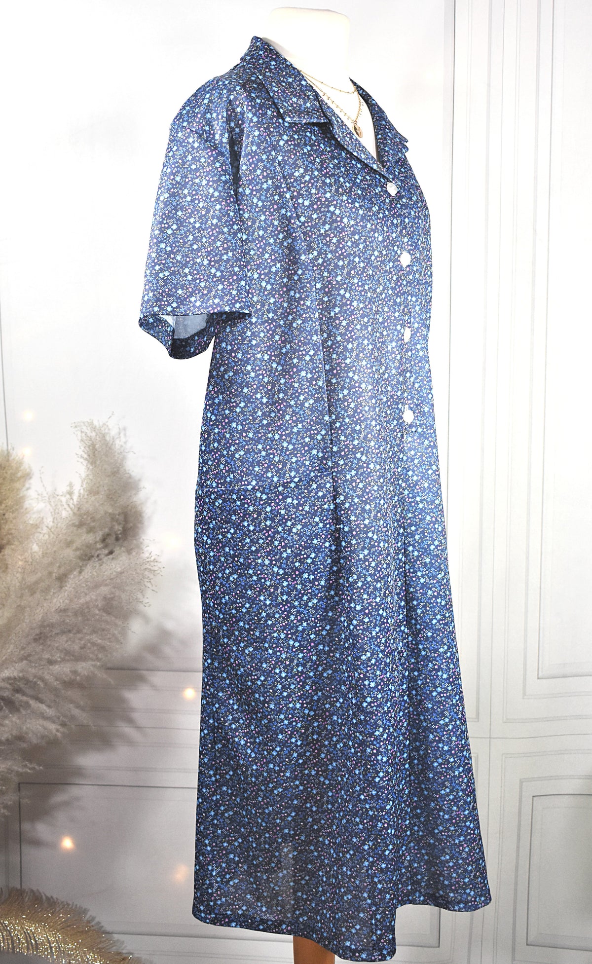 Robe vintage champêtre bleue à petites fleurs - Made in France
