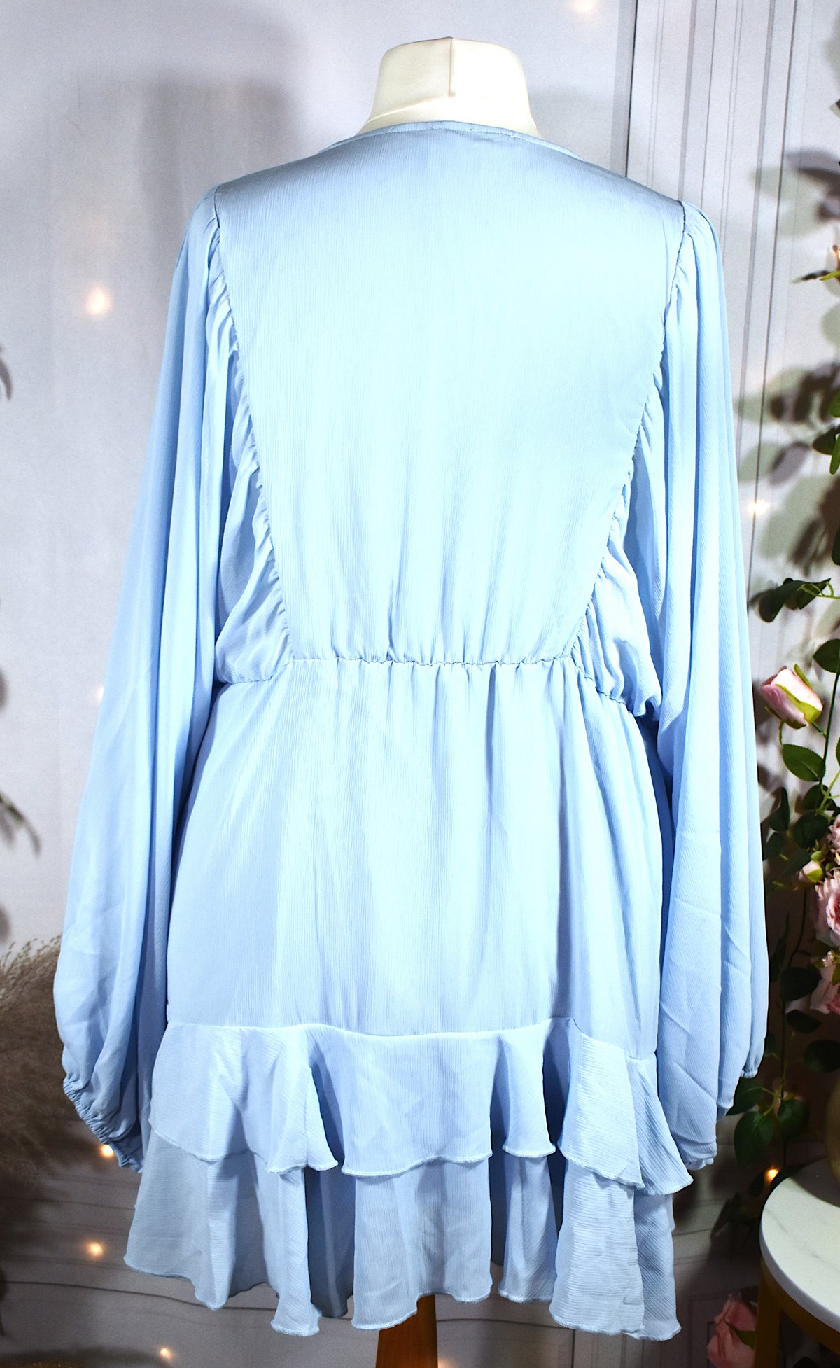 Robe mousseline à volants bleu pastel