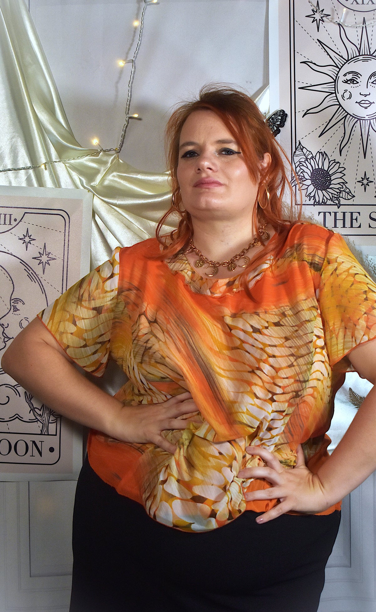 T-shirt mesh orange imprimé multicolore
