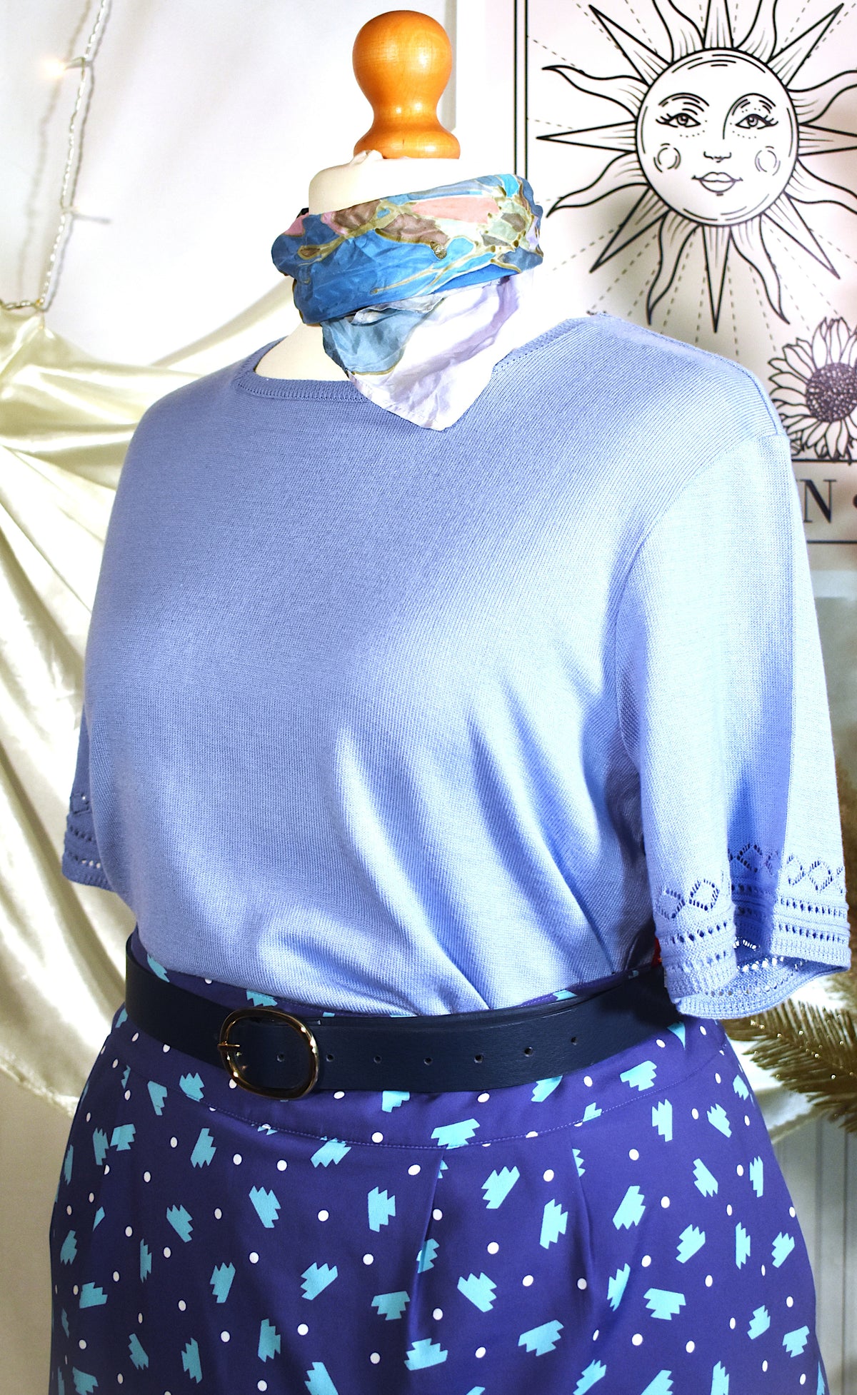 Pull manches courtes bleu bébé maille ajourée