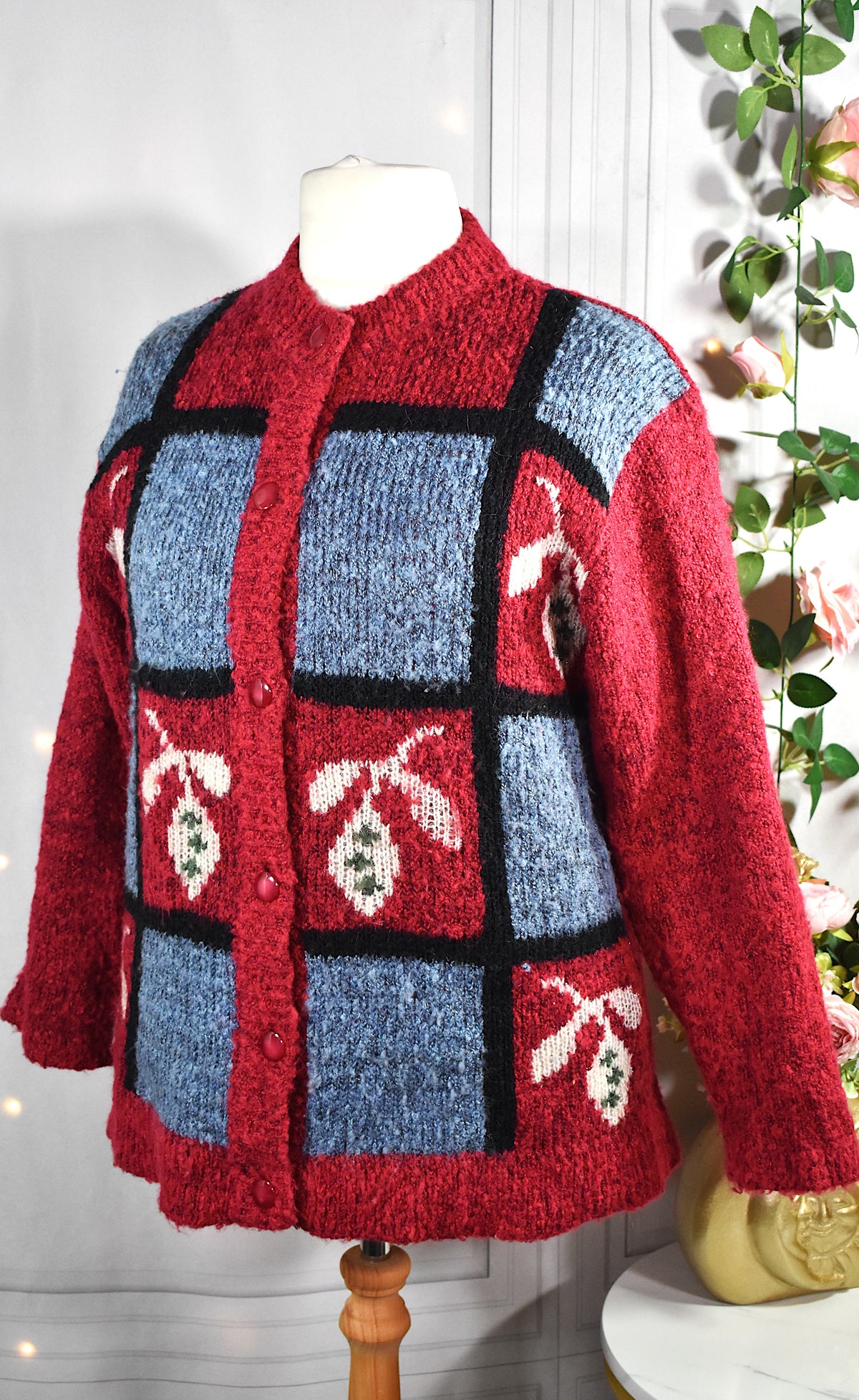 Gilet vintage à motifs floraux, laine mélangée