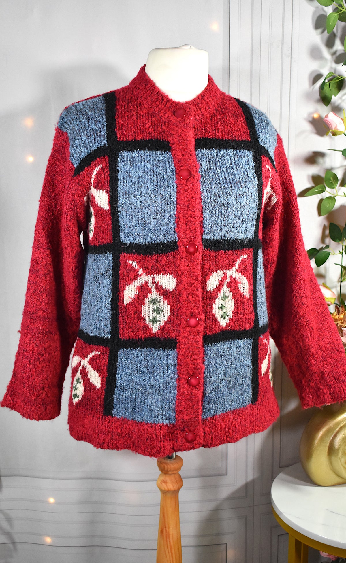 Gilet vintage à motifs floraux, laine mélangée